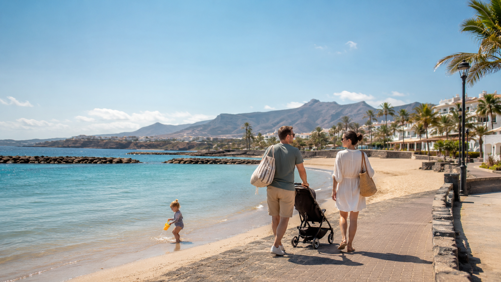 Family with a toddler and pushchair on a calm Canary Islands beach promenade