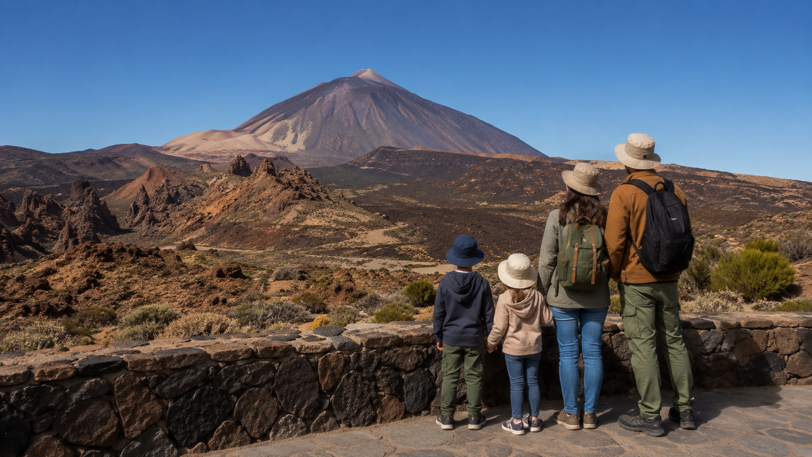 Family looking at Mount Teide from a safe viewpoint in Teide National Park Tenerife