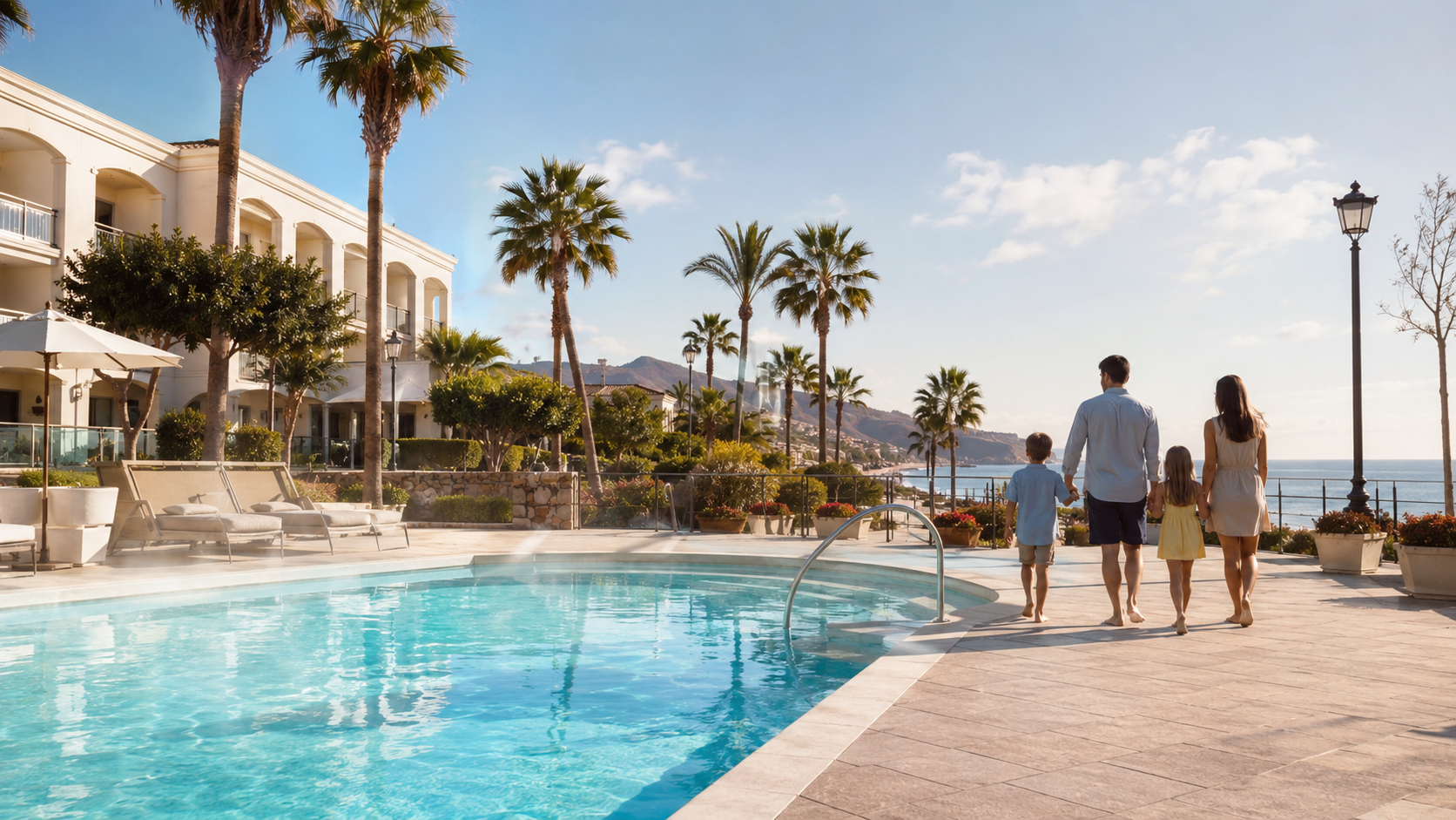 Family-friendly heated pool hotel terrace in Costa Adeje, Tenerife