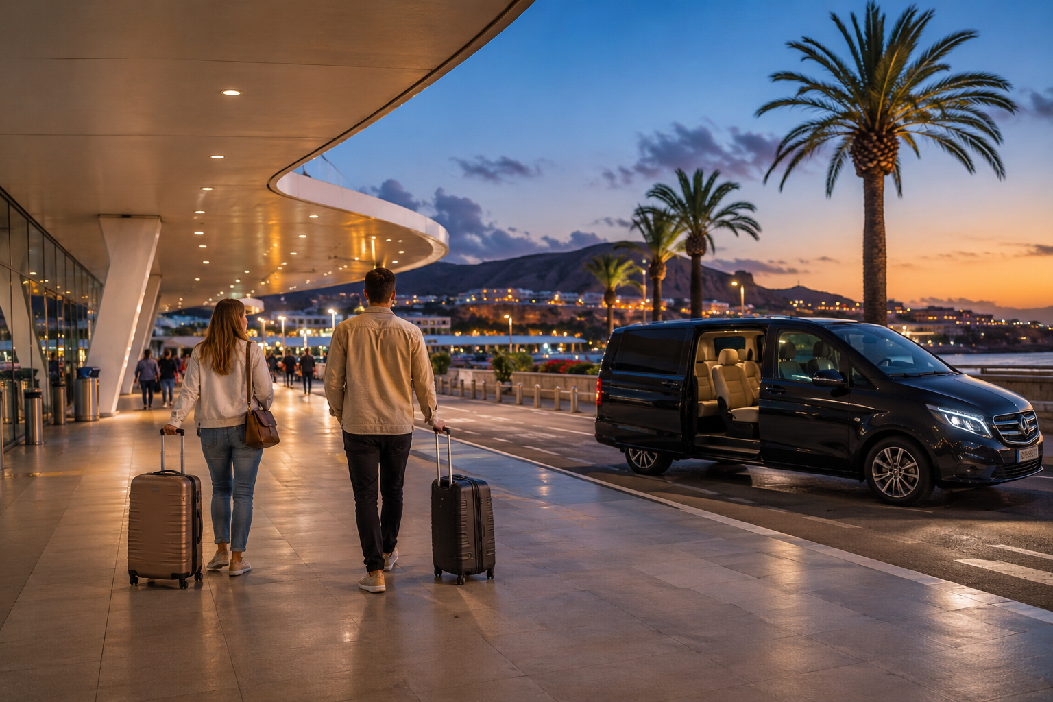 Travelers arriving at Tenerife South Airport in the evening with resort lights on the south Tenerife coast