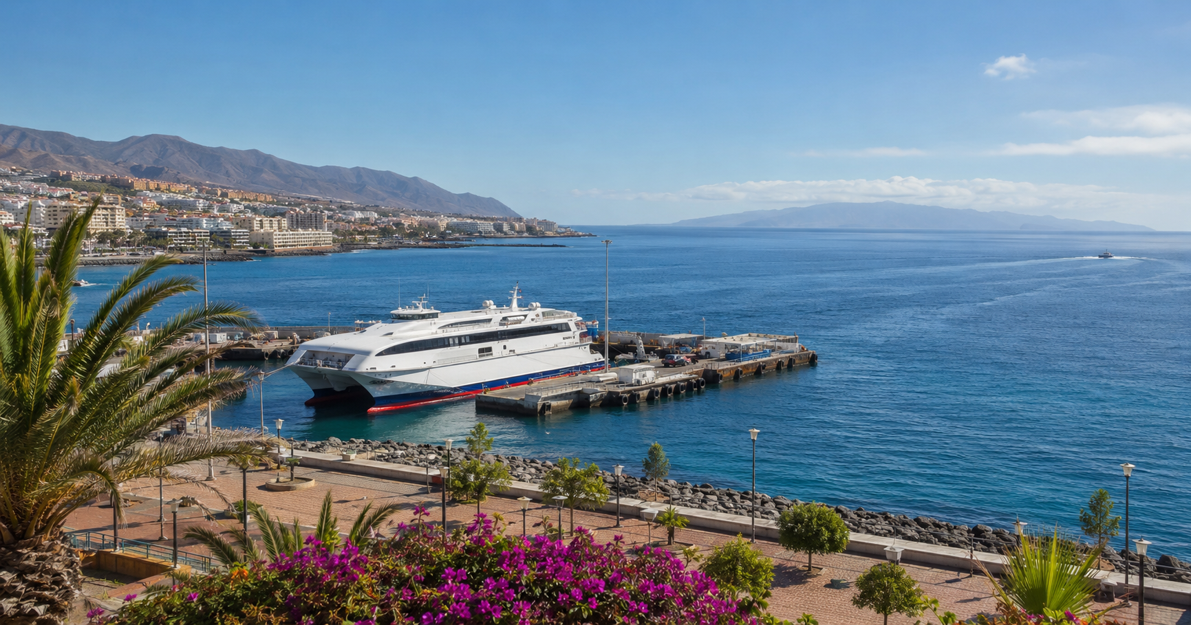 Ferry at Los Cristianos harbour with La Gomera across the Atlantic