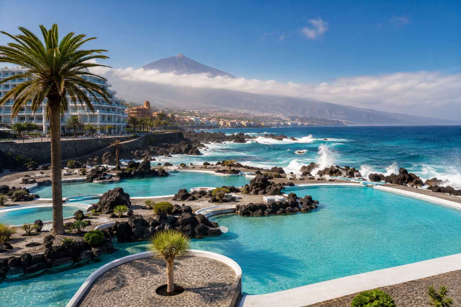 Lago Martianez seawater pools and seafront hotels in Puerto de la Cruz, Tenerife