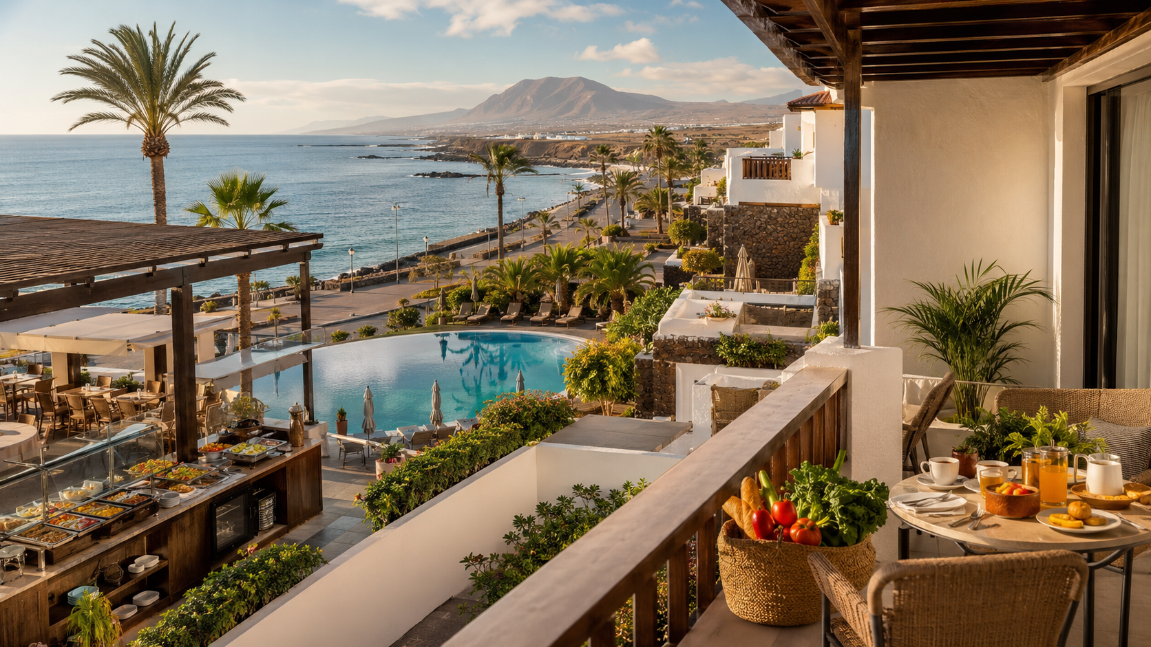 Sunny Canary Islands resort terrace comparing hotel dining and apartment self-catering holiday styles