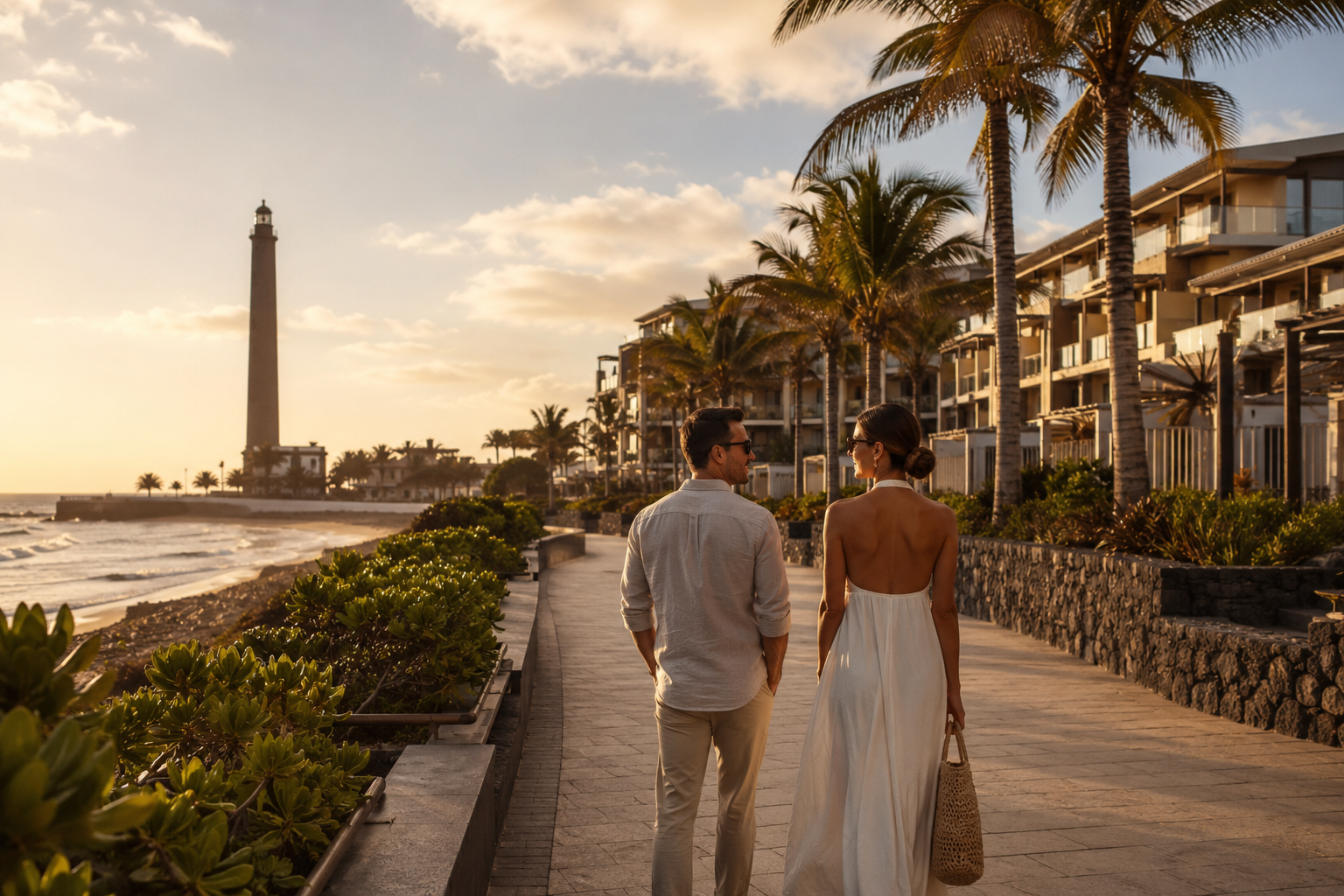 Couple walking on the Meloneras promenade near Maspalomas Lighthouse in Gran Canaria