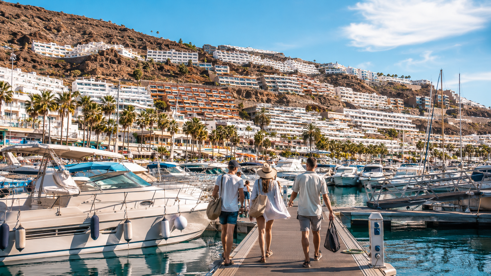 Puerto Rico Marina in Gran Canaria with boats and hillside holiday apartments