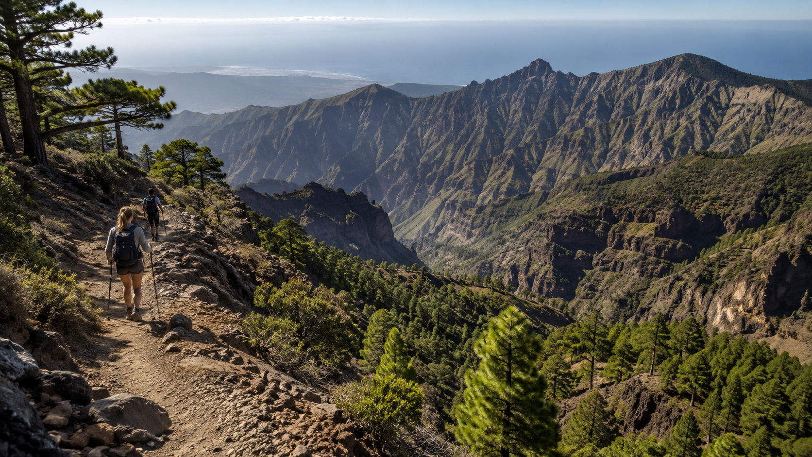 Hiking trail viewpoint in La Palma with volcanic ridges and pine forest