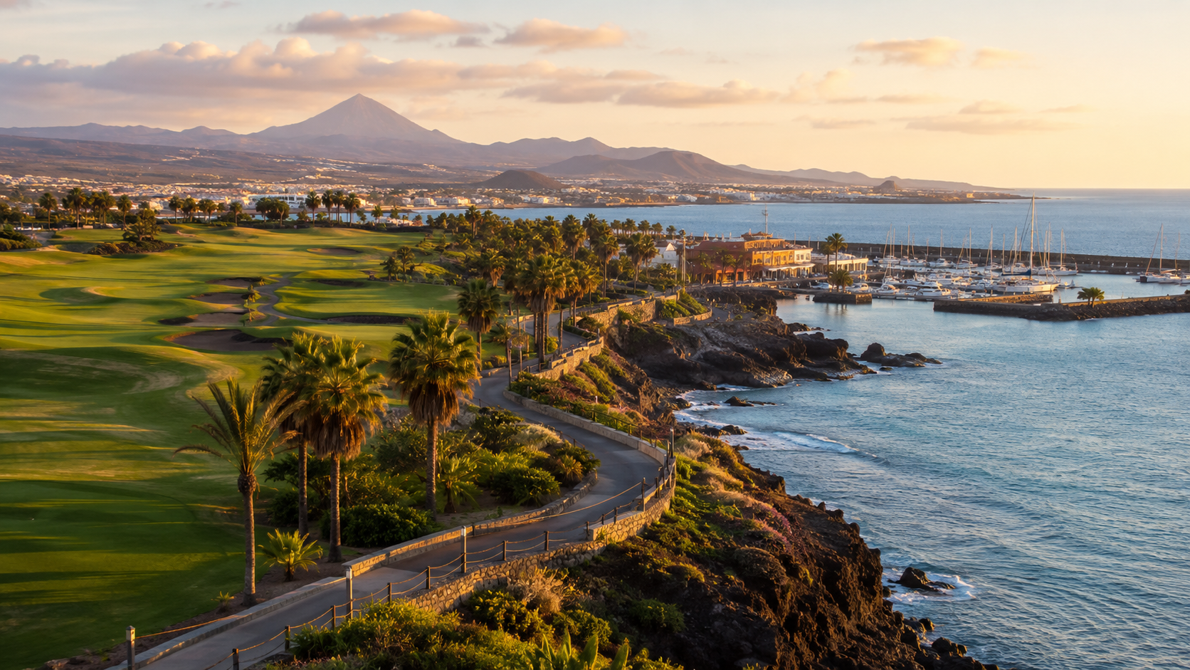Golf del Sur and Amarilla Golf coastal resort area near Tenerife South Airport with fairways, marina and Atlantic views