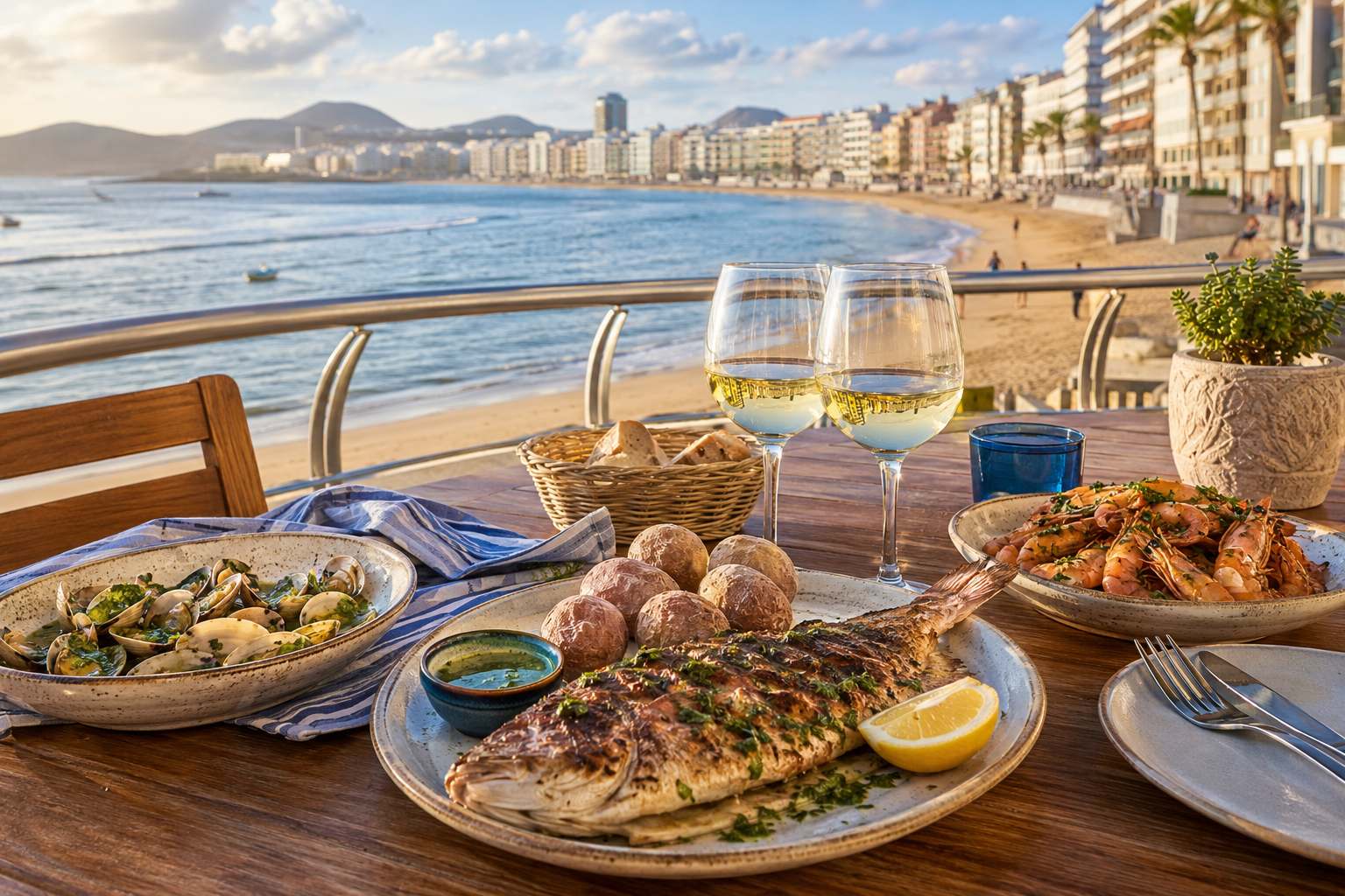 Seafood table on the Las Canteras promenade in Las Palmas de Gran Canaria