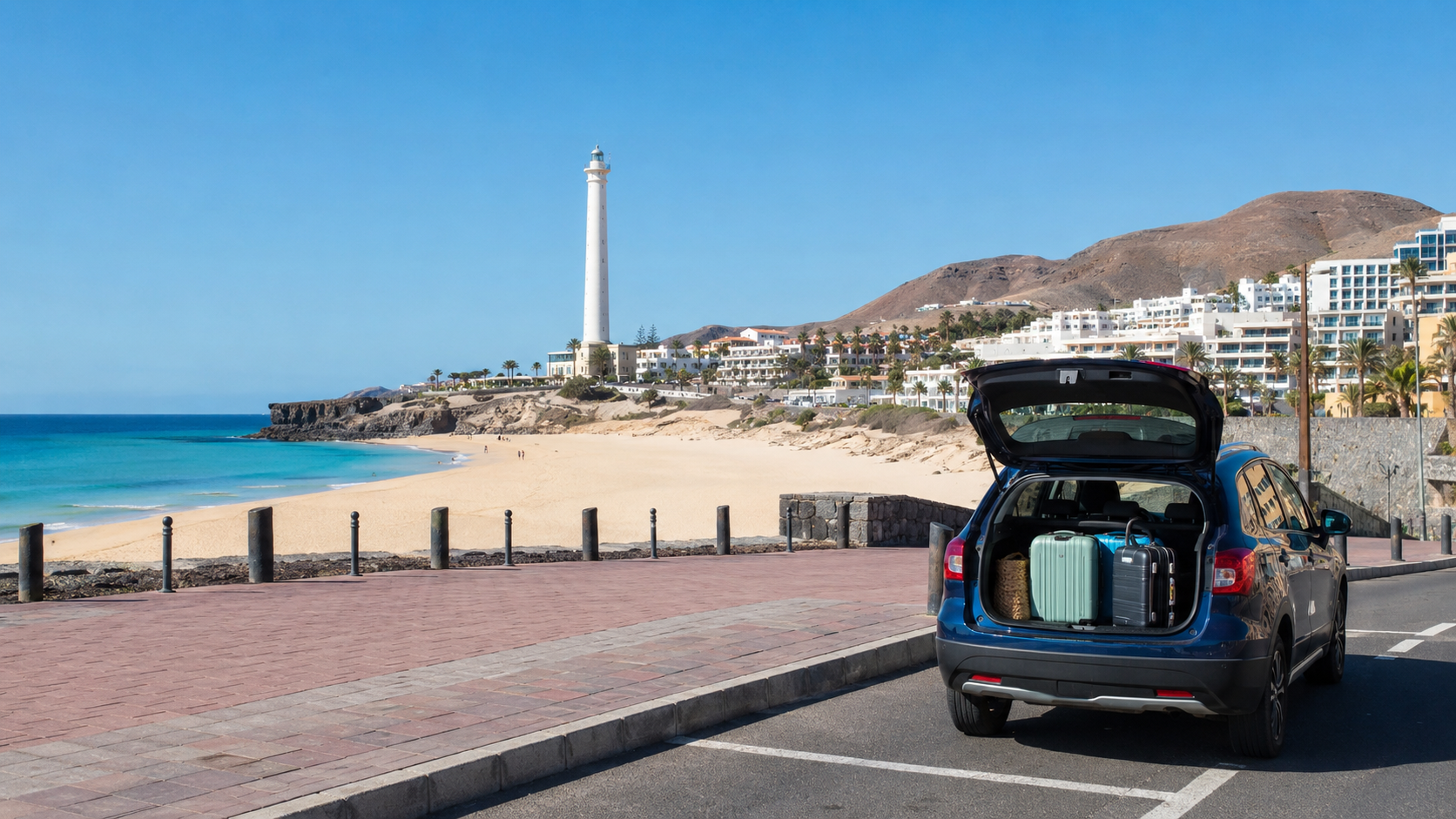 Morro Jable beach and lighthouse in Fuerteventura for airport transfer and car hire planning