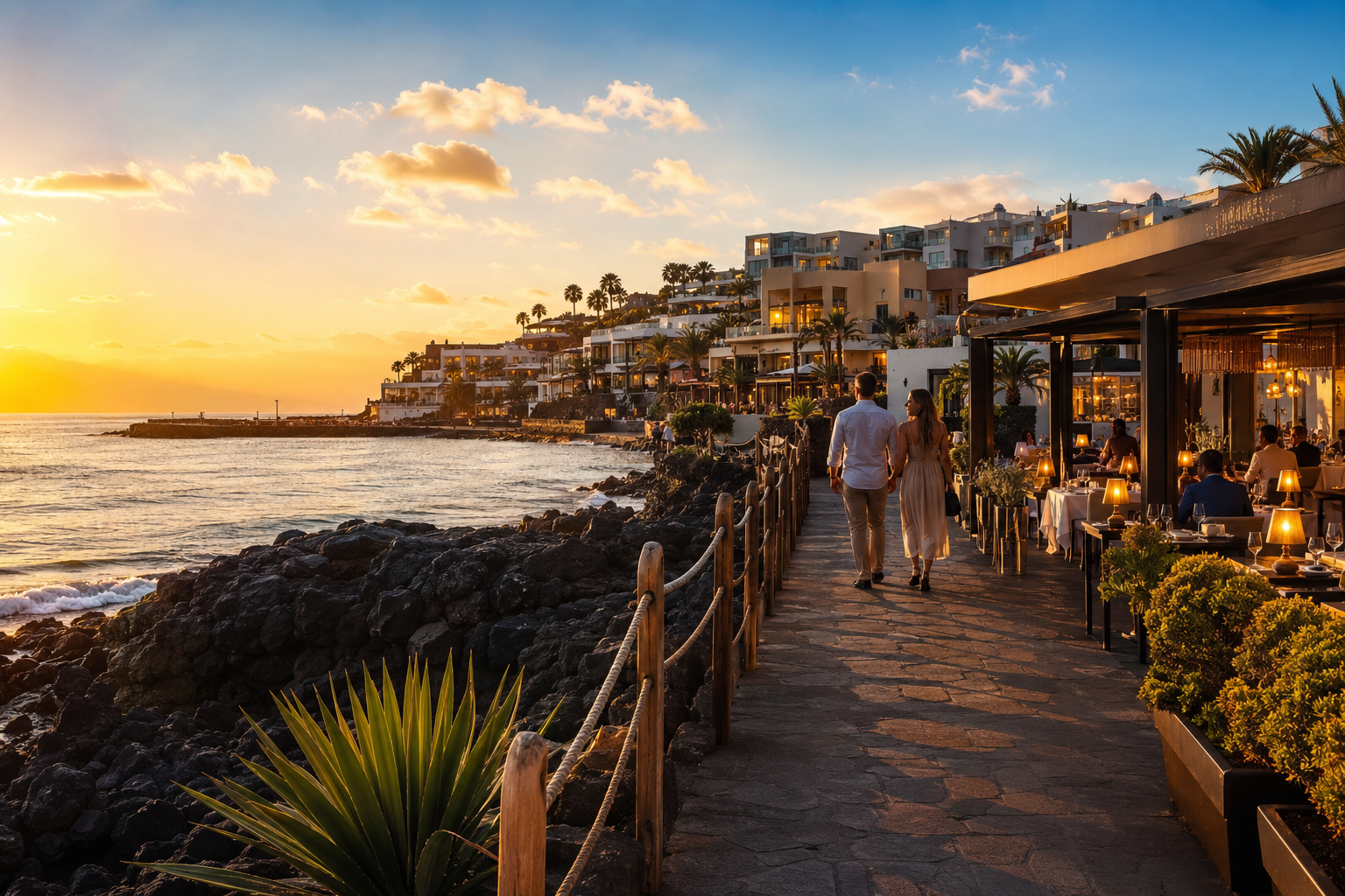 Sunset over La Caleta in Costa Adeje with oceanfront hotels and seafood restaurants