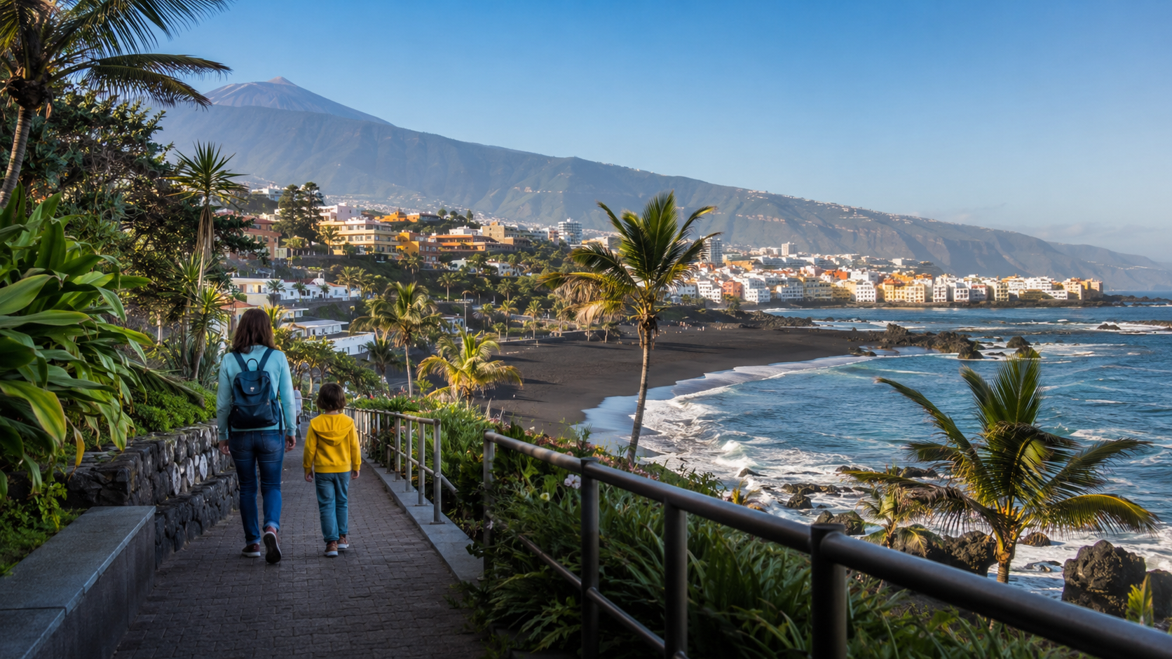 Family walking near Playa Jardin in Puerto de la Cruz, Tenerife, for a Loro Parque holiday