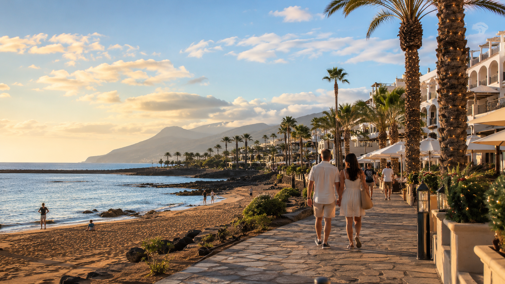 Sunny Canary Islands resort promenade with subtle festive lights for a Christmas and New Year winter sun holiday