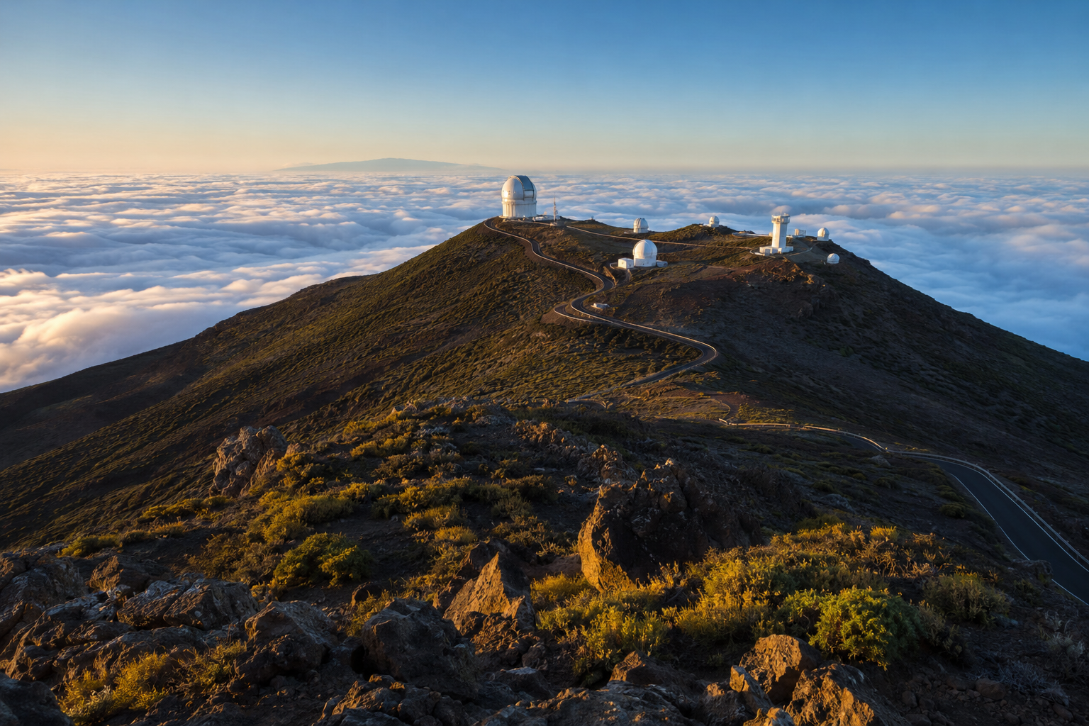 Roque de los Muchachos observatory ridge above the clouds in La Palma