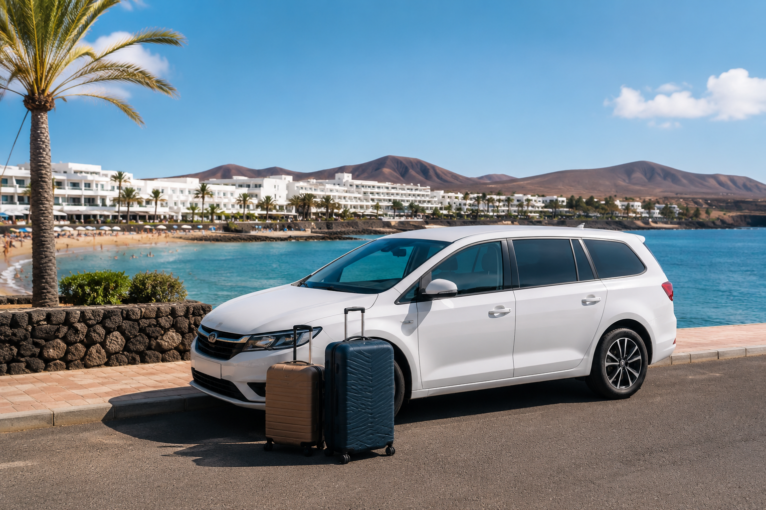 Transfer car near the Puerto del Carmen coast after arriving at Lanzarote Airport