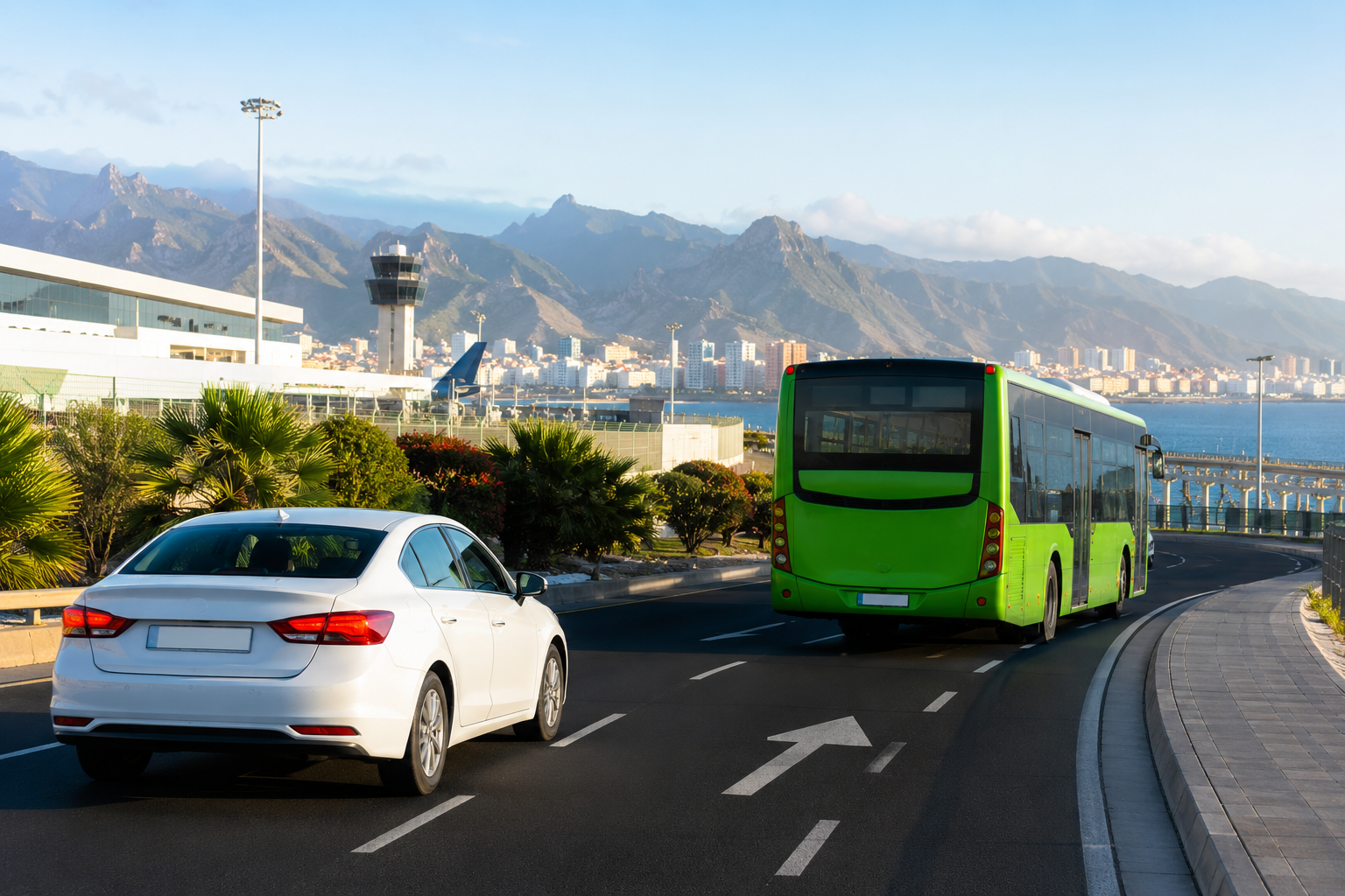 Airport transfer road between Tenerife North Airport and Santa Cruz de Tenerife with Anaga mountains in the background