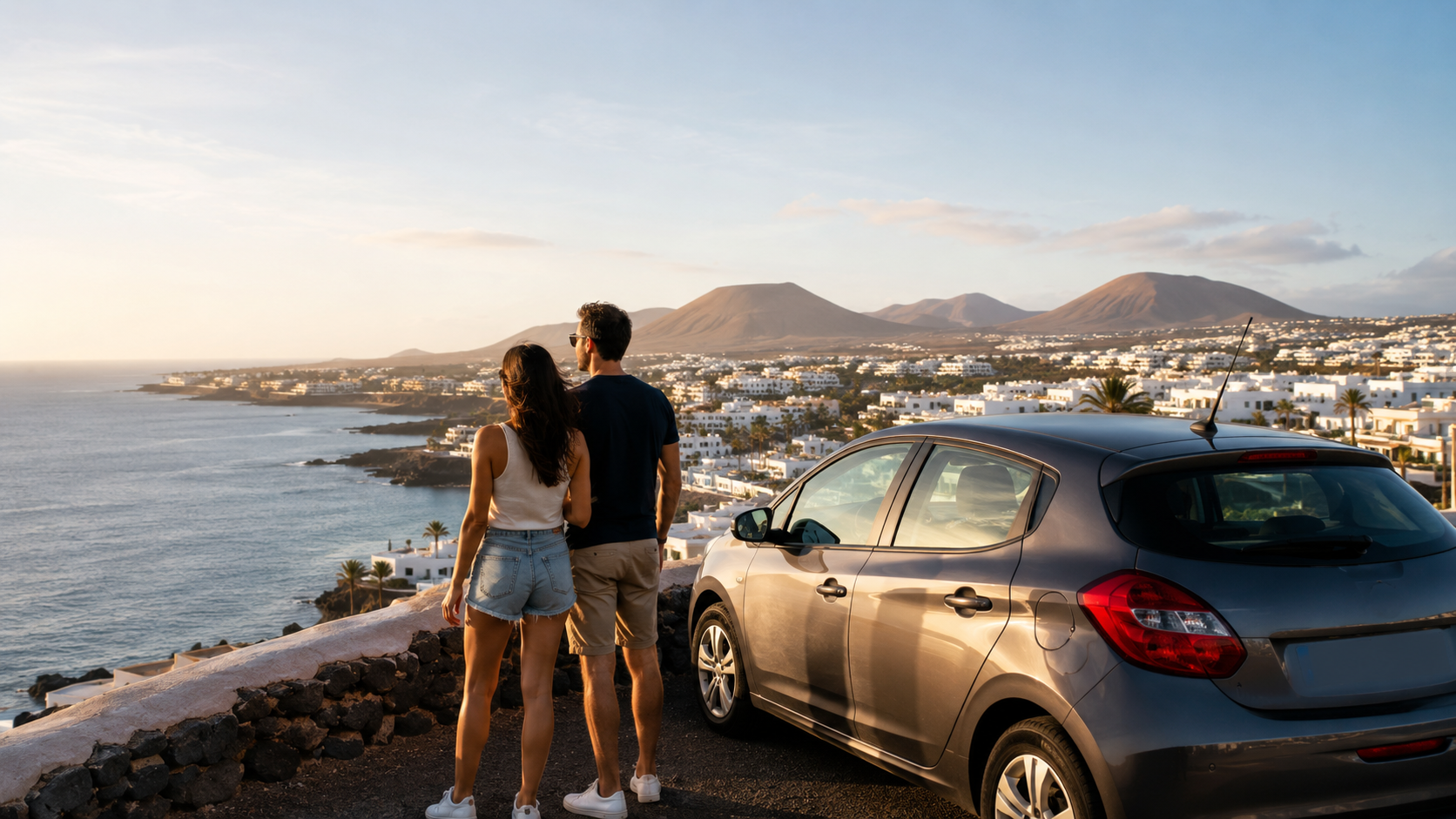 Couple planning a rental car day trip from Puerto del Carmen in Lanzarote