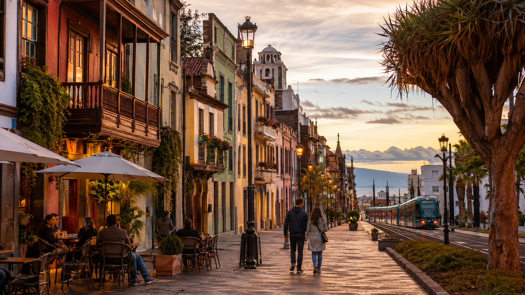 Historic La Laguna street scene with tram connection toward Santa Cruz de Tenerife for a car-free city break