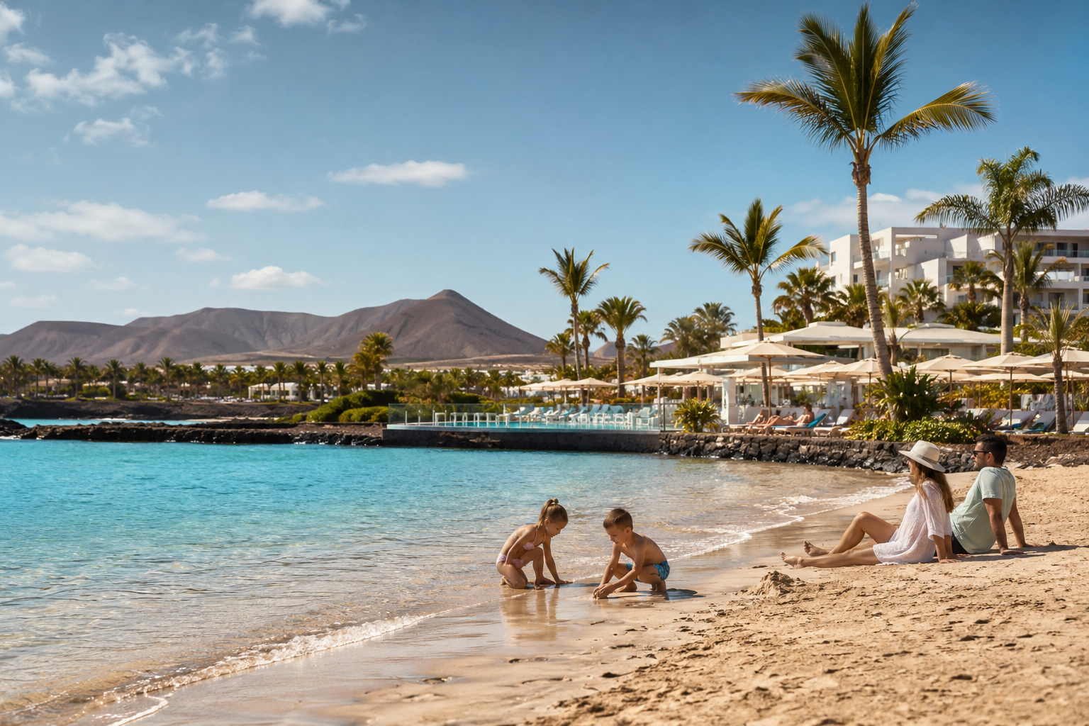 Family enjoying a sunny Canary Islands beach resort during a May half-term holiday