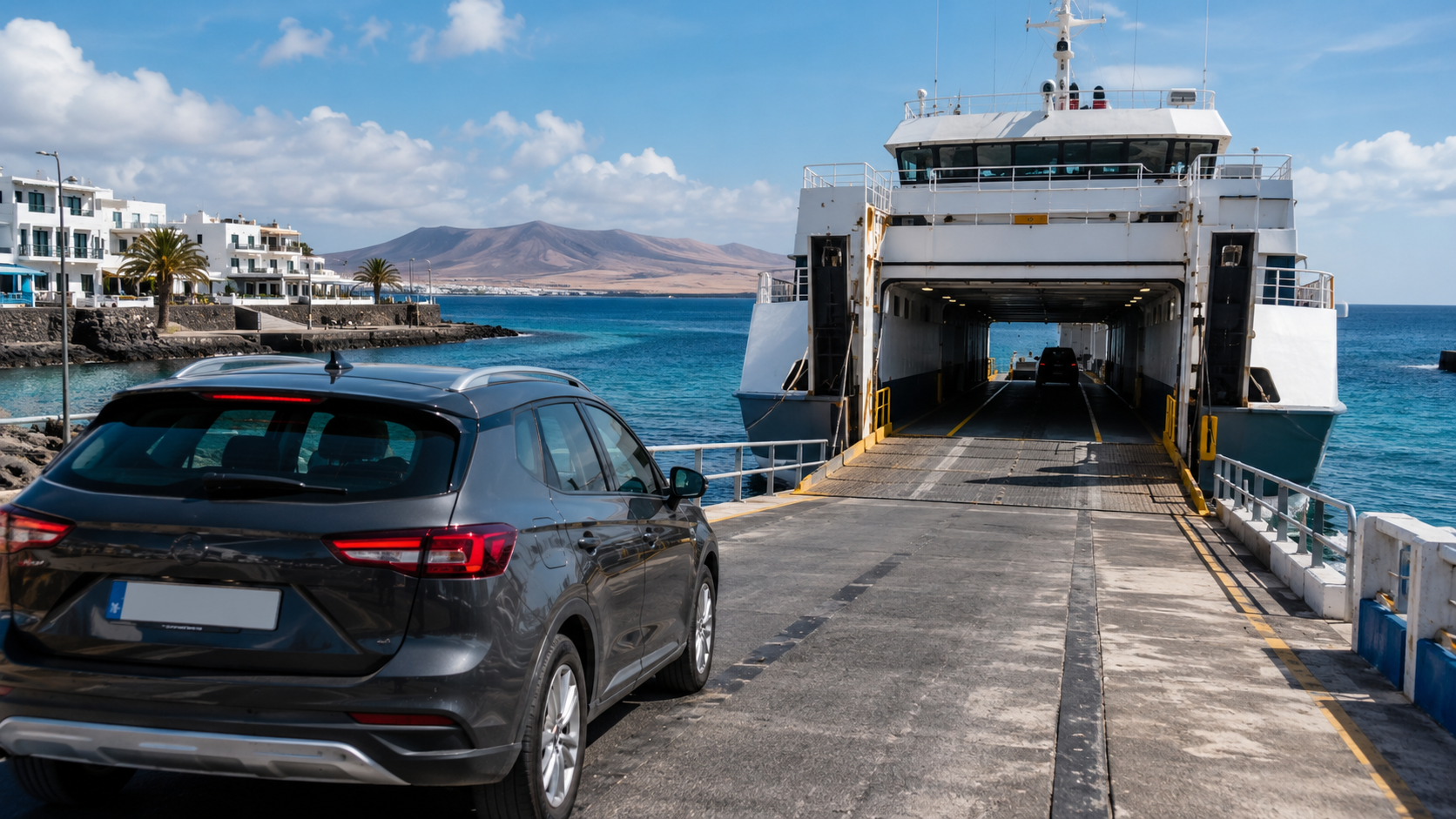 Rental car boarding a ferry between Playa Blanca in Lanzarote and Corralejo in Fuerteventura