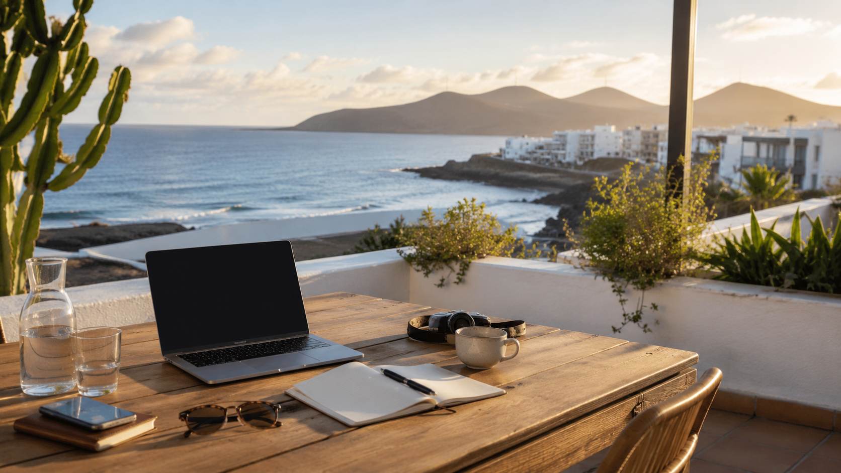 Remote work setup on a sunny Canary Islands terrace overlooking the Atlantic