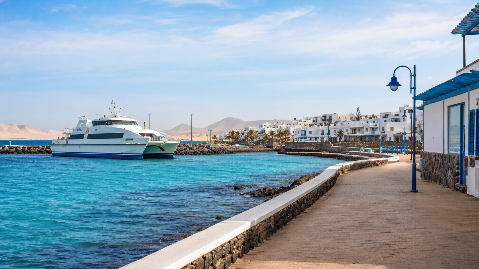 Ferry arriving in Corralejo harbour with Fuerteventura resort buildings and dunes in the distance