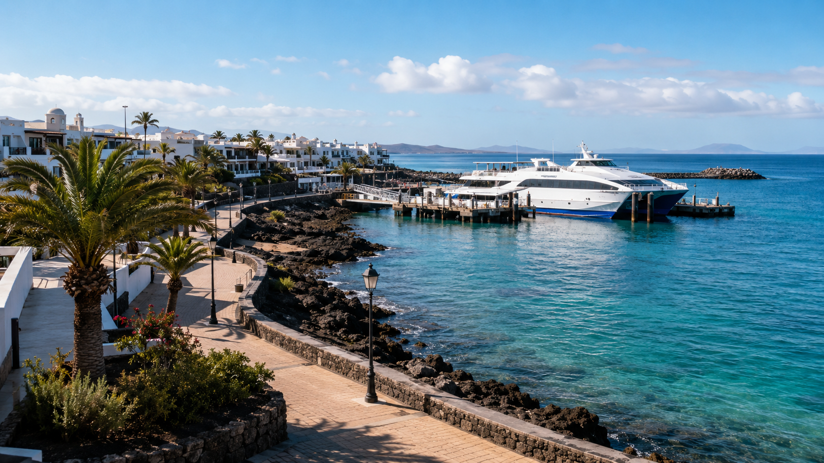 Playa Blanca harbour and ferry area in Lanzarote for travellers crossing to Corralejo in Fuerteventura