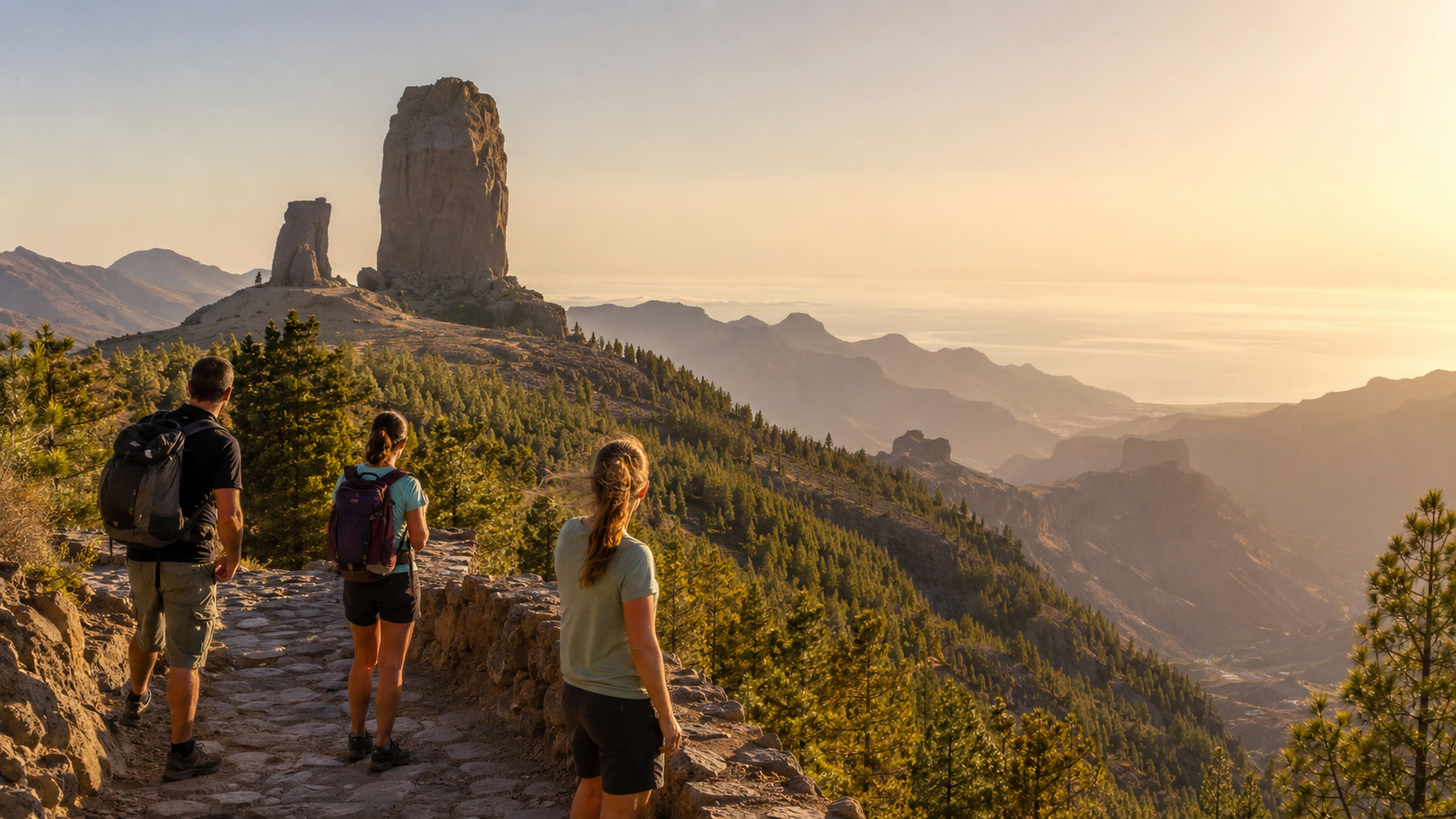 Travellers looking toward Roque Nublo in the mountains of Gran Canaria