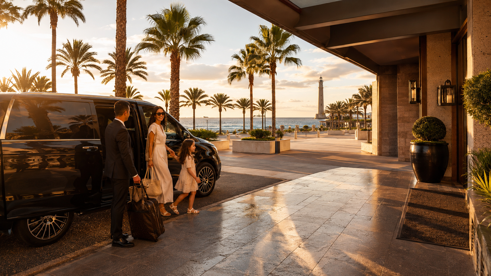Private transfer vehicle arriving at a luxury hotel near Meloneras and Faro de Maspalomas in Gran Canaria