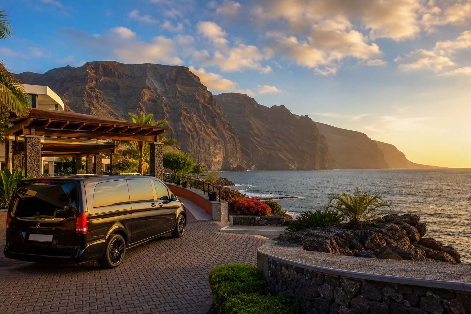 Airport transfer arriving near Los Gigantes cliffs in west Tenerife