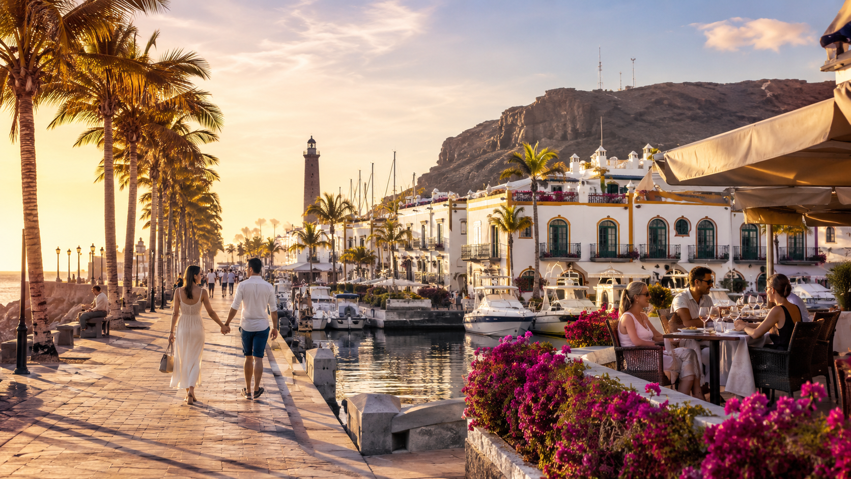 Couples holiday mood on Gran Canaria's south coast with marina dining and a palm-lined promenade