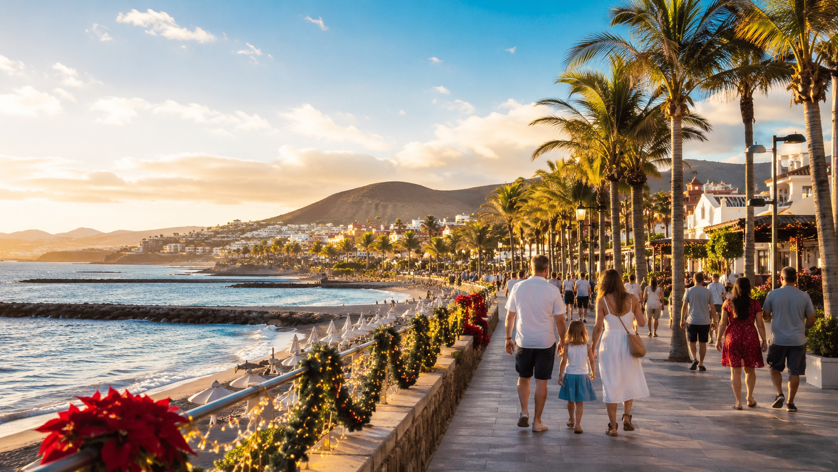 Families and couples walking on a sunny Canary Islands resort promenade at Christmas and New Year