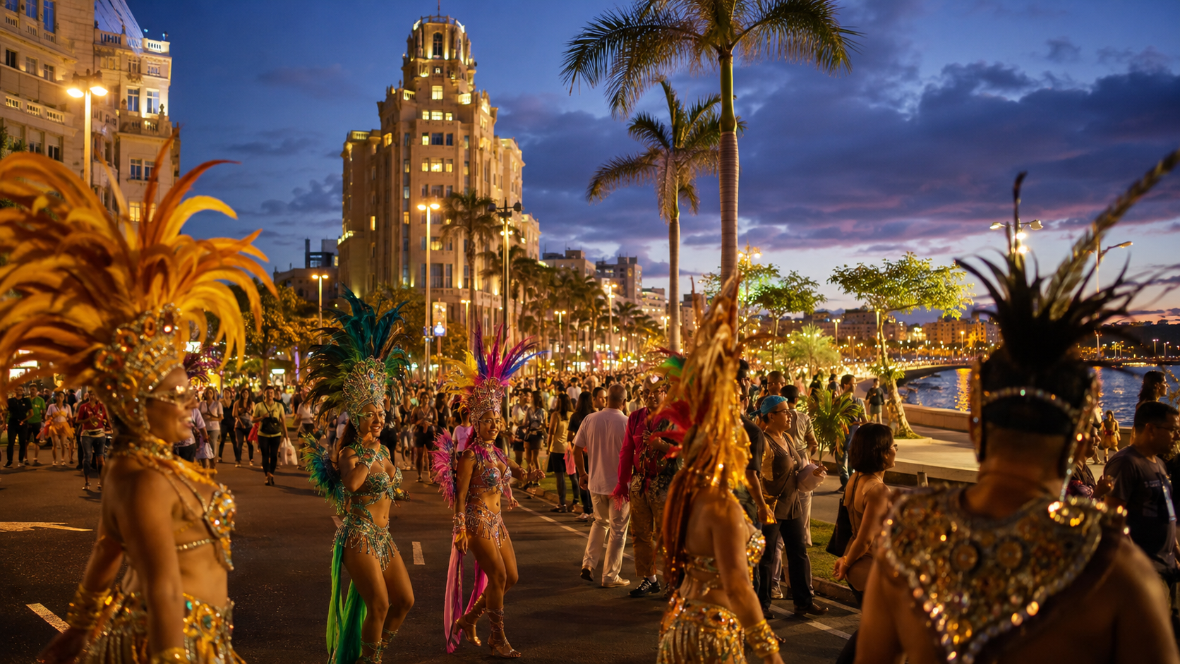 Carnival evening near Plaza de Espana in Santa Cruz de Tenerife with hotels and festive crowds
