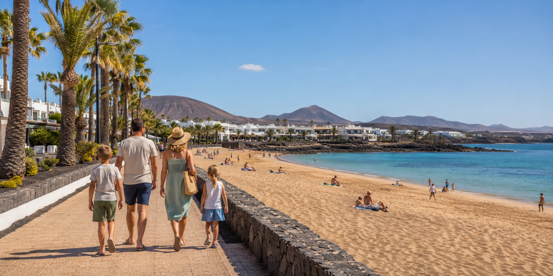 Family walking beside Playa Dorada beach and promenade in Playa Blanca, Lanzarote