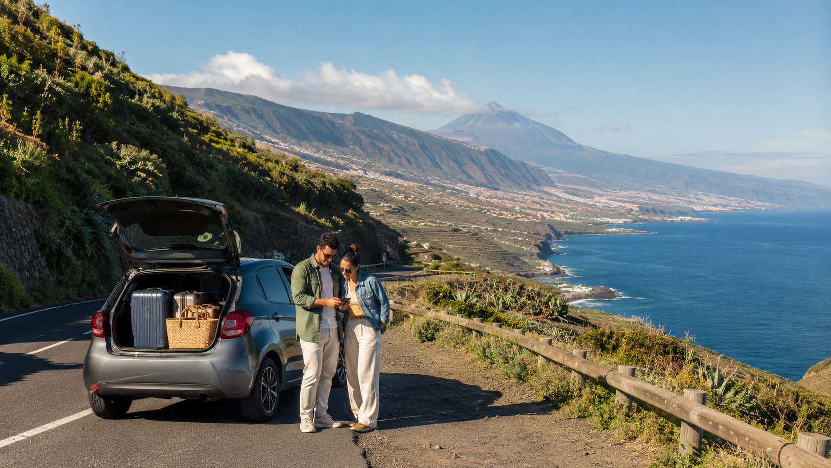 Travellers checking a map beside a rental car on a scenic Tenerife coastal road