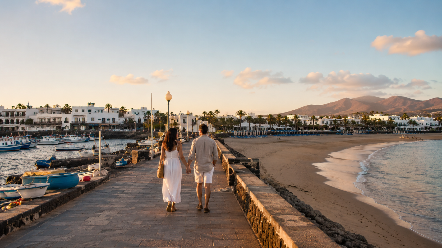 Couple walking between Puerto del Carmen Old Town harbour and Playa Grande in Lanzarote
