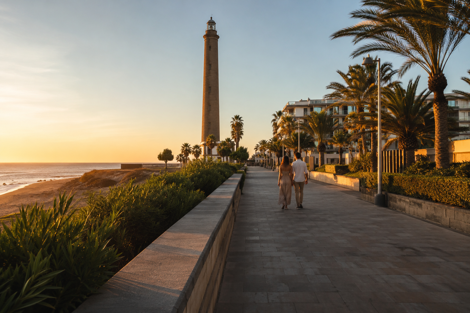 Couple walking near Faro de Maspalomas and the Meloneras promenade in Gran Canaria