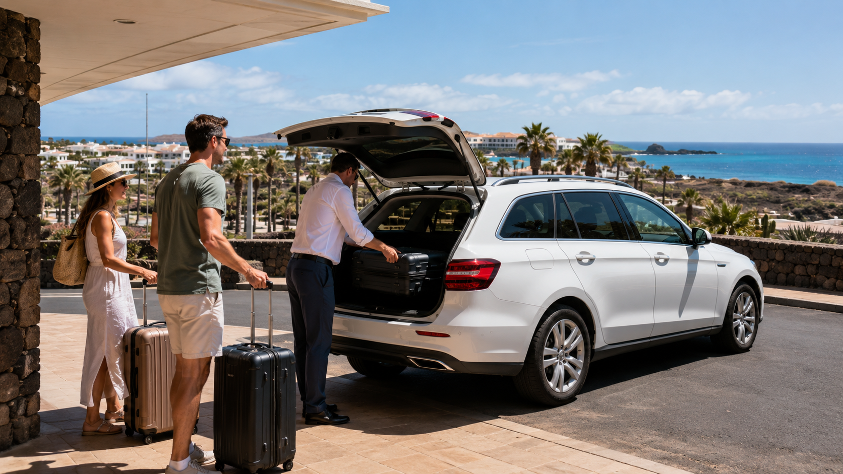 Airport transfer car arriving near Caleta de Fuste on Fuerteventura with travellers and luggage