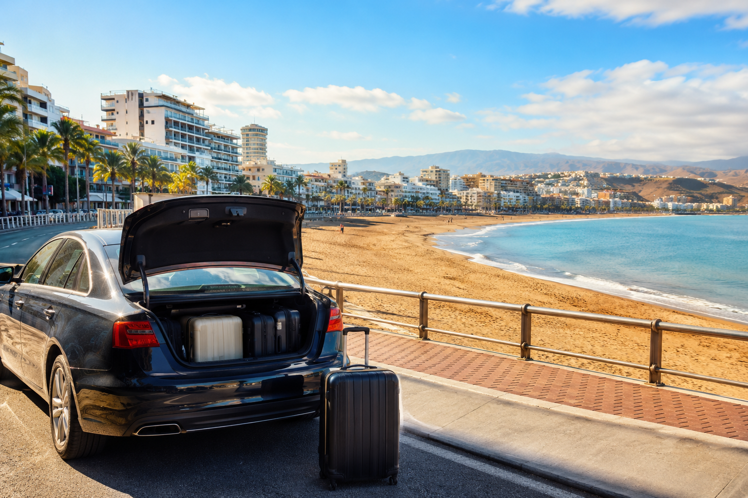Airport transfer vehicle arriving near Las Canteras beach in Las Palmas de Gran Canaria