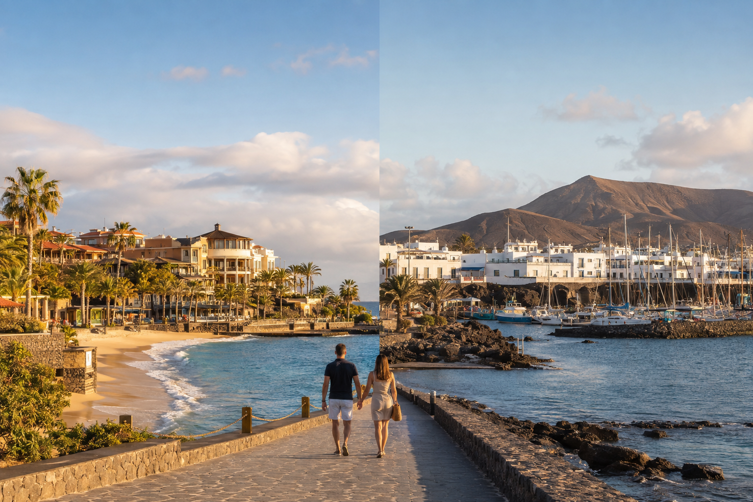 Couple walking between a Costa Adeje beach resort scene and Playa Blanca marina in the Canary Islands
