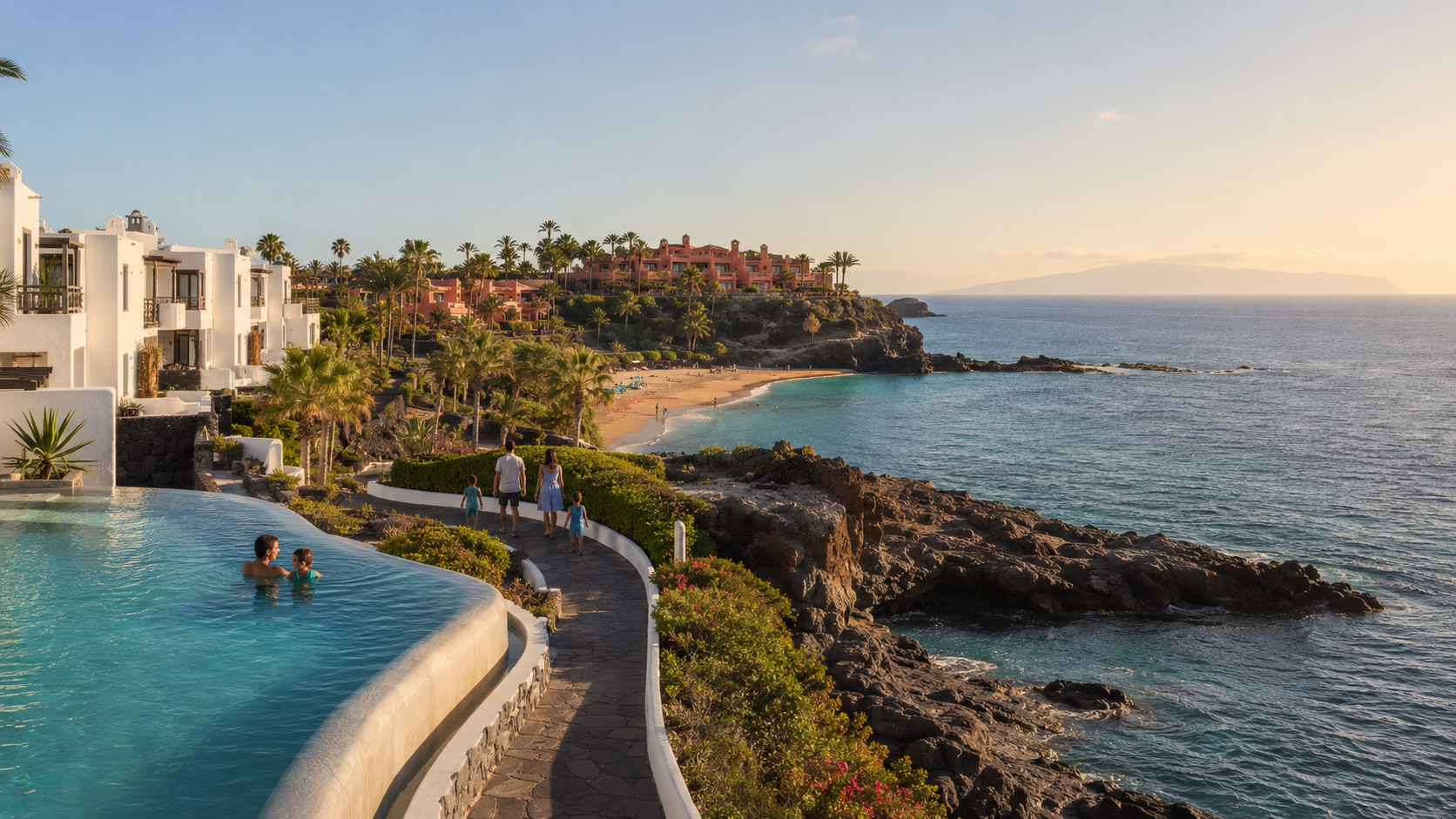 Luxury family resorts on Tenerife's south-west coast with an infinity pool, volcanic shoreline and sheltered beach
