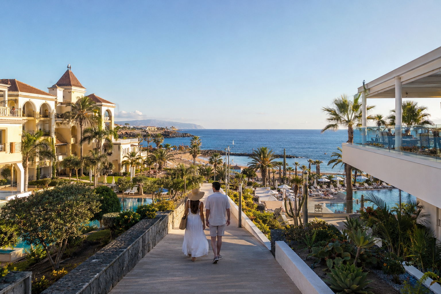 Couple walking between a colonial-style luxury resort and a modern adults-only hotel on the Costa Adeje coast in Tenerife