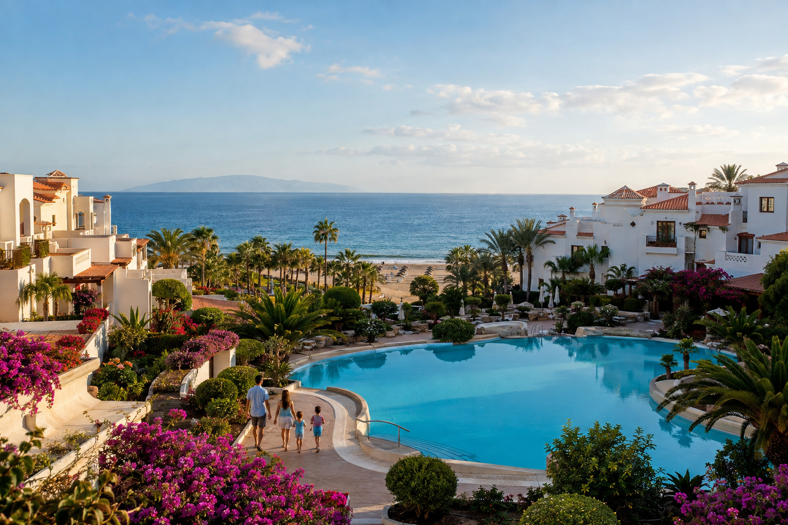 Luxury family resort gardens and pool overlooking the Atlantic in Costa Adeje, Tenerife