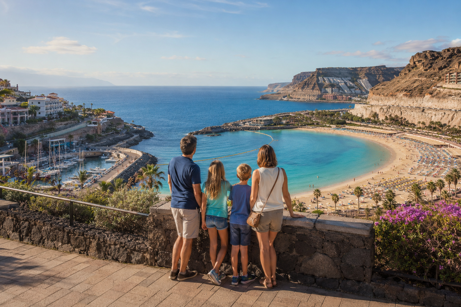 Family overlooking a sheltered Canary Islands beach and marina