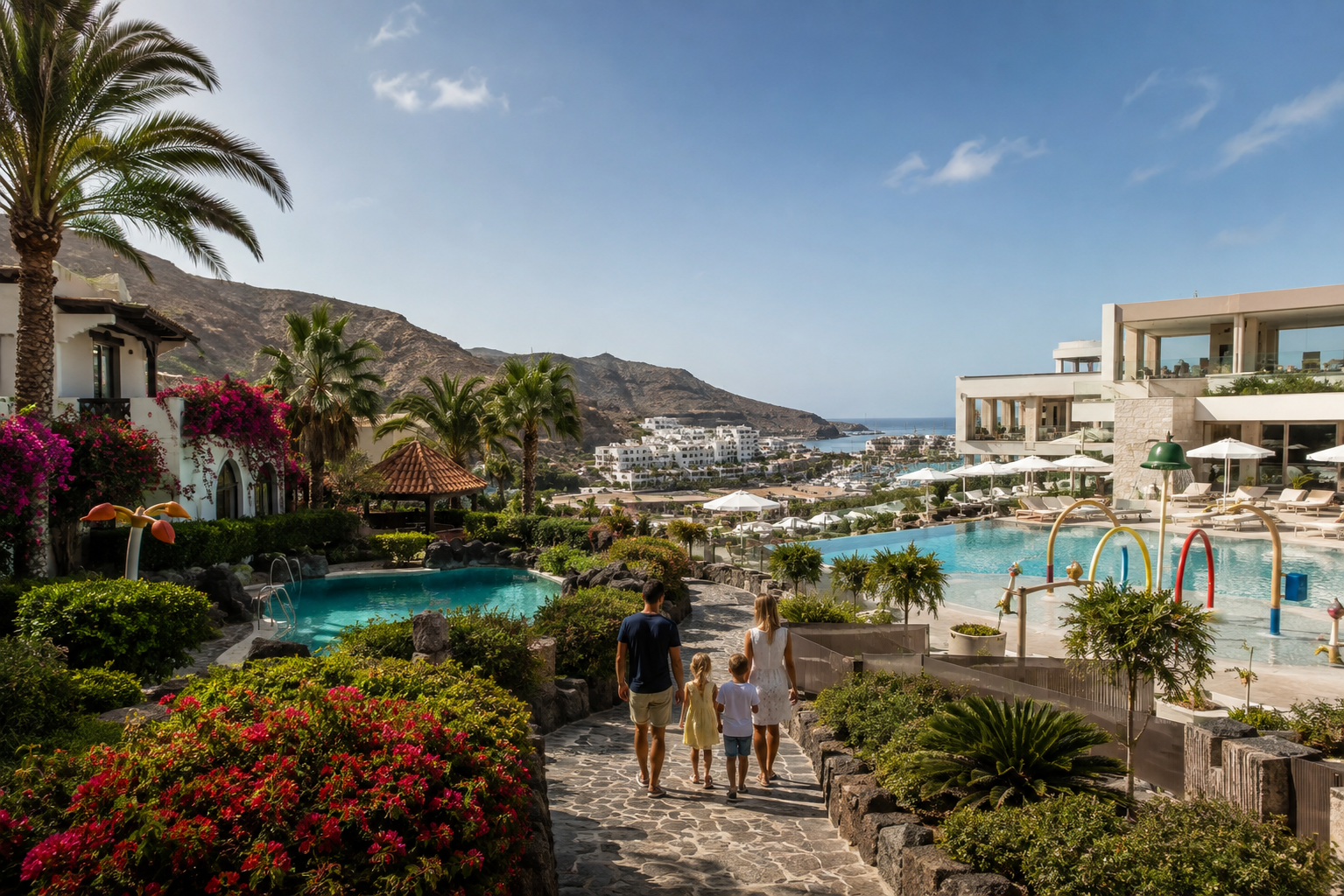 Family resort pools and tropical gardens in Puerto de Mogan, Gran Canaria