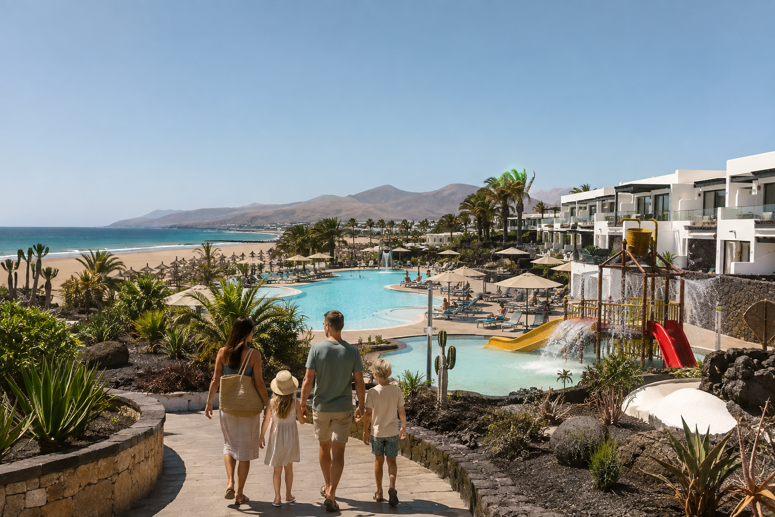 Family walking toward a beachfront resort pool and splash area at Playa de los Pocillos, Lanzarote