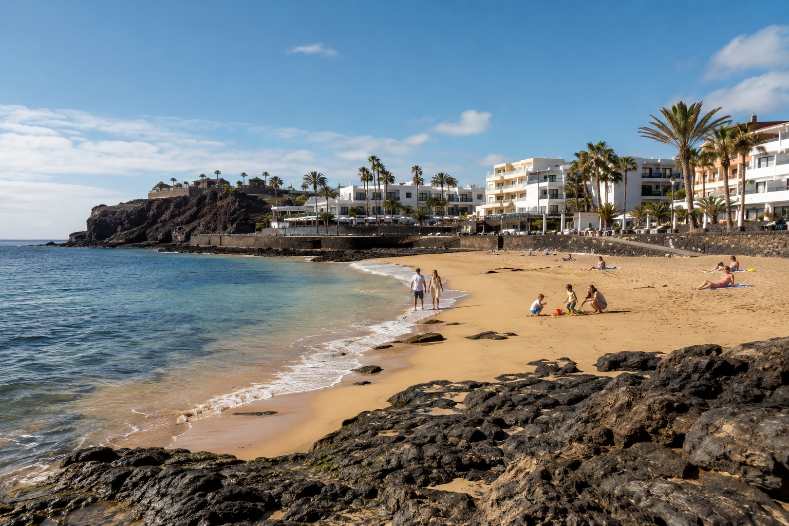 Sunny Canary Islands resort beach with volcanic rocks in November
