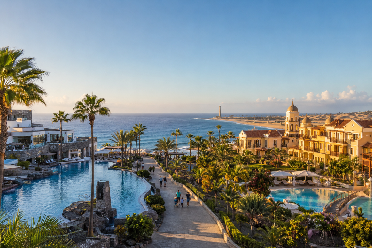 Luxury resorts and pools on the Meloneras coast of Gran Canaria near Maspalomas lighthouse