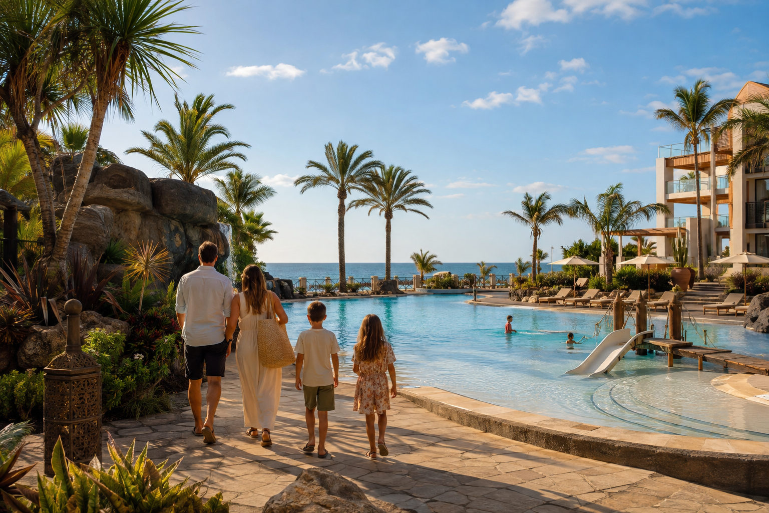 Family walking beside a lagoon-style resort pool overlooking the Atlantic in Meloneras, Gran Canaria