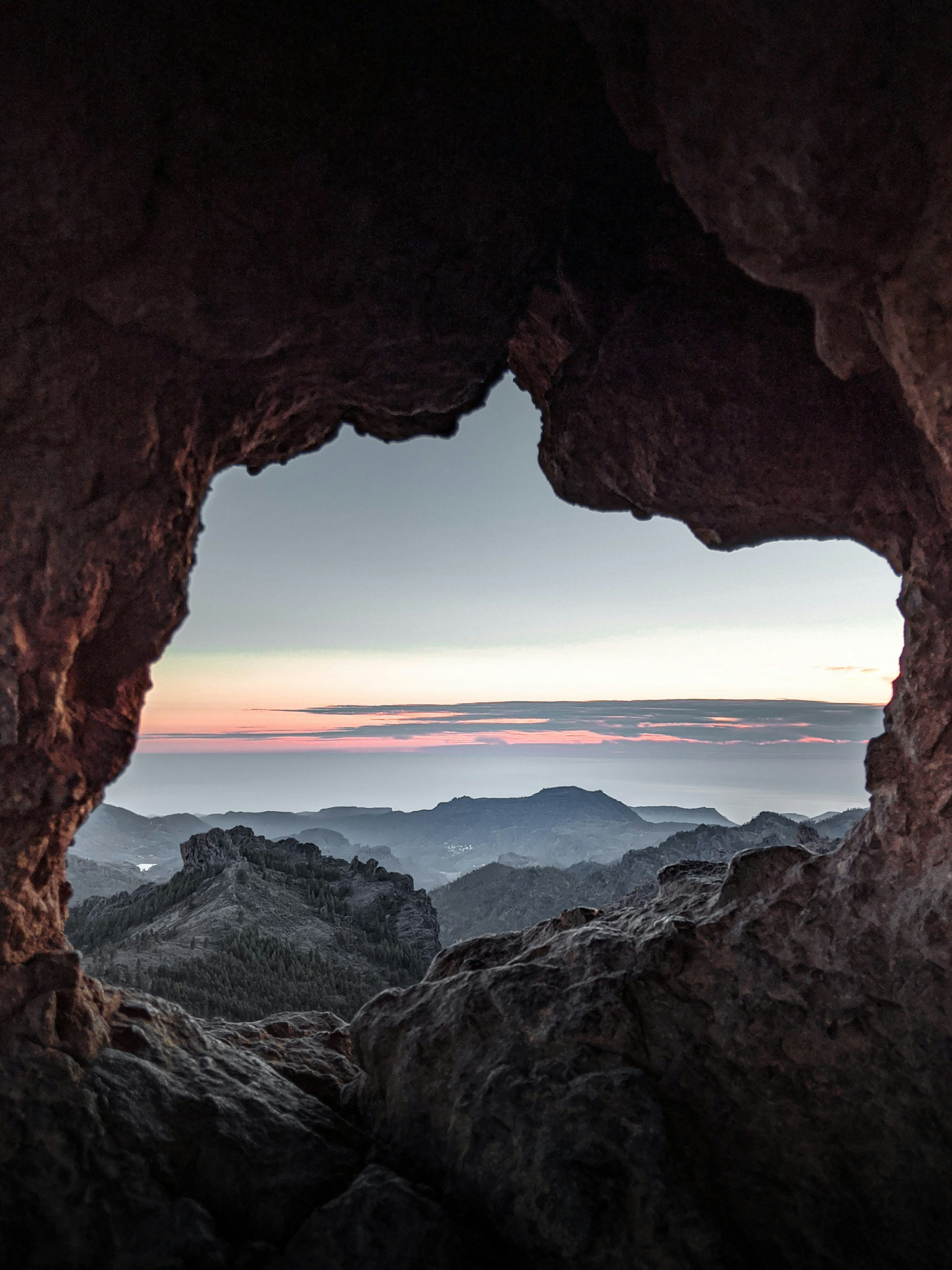 Mountain rock formation and sunset scenery in the Roque Nublo highlands of Gran Canaria