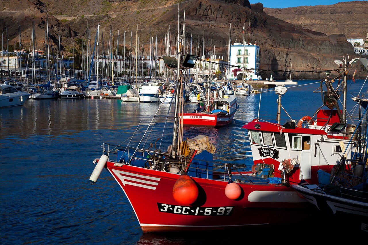 Fishing boats and waterfront in the harbour of Puerto de Mogán, Gran Canaria